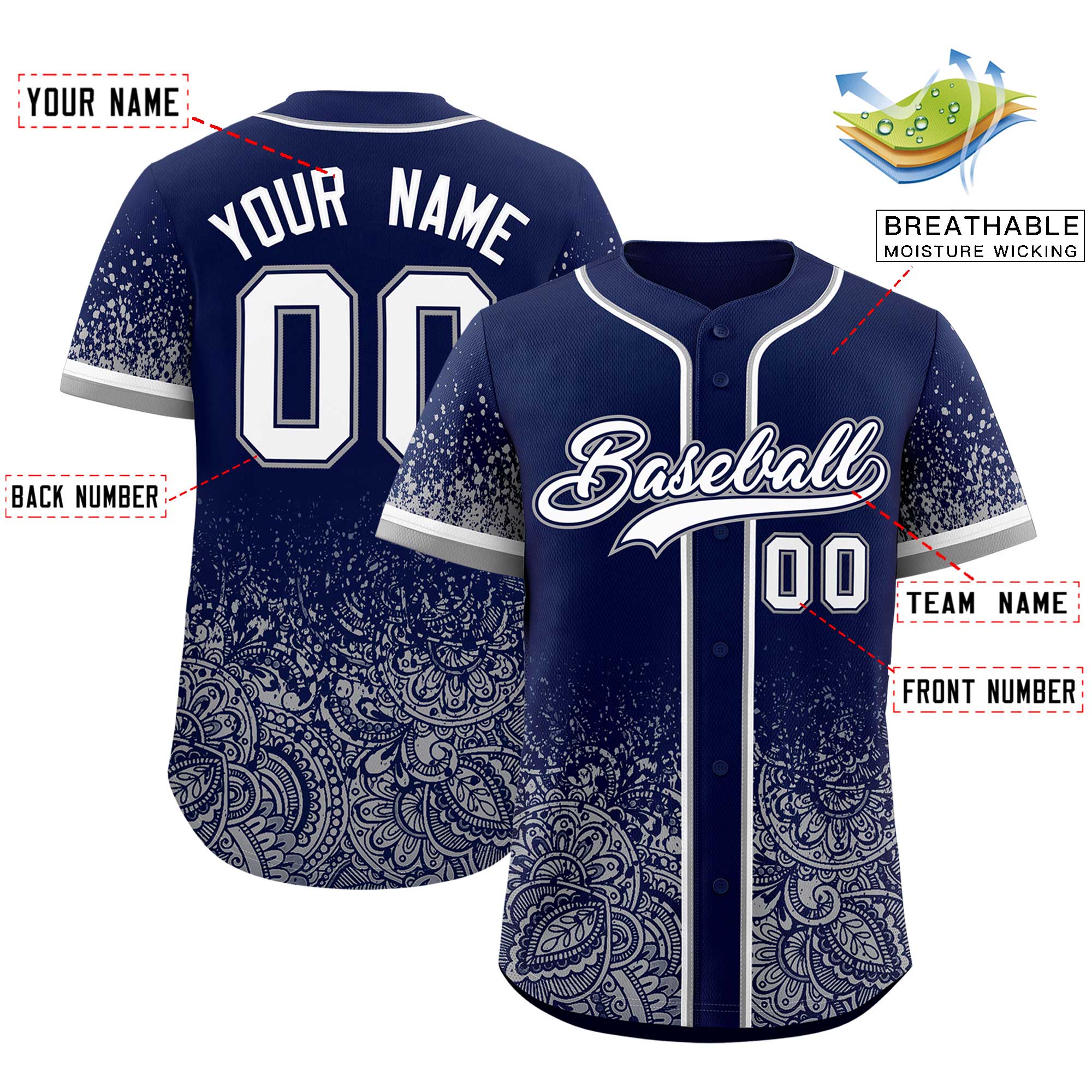 Custom Navy Gray Floral Print Pattern Full Button Gradient Fashion Baseball Jersey
