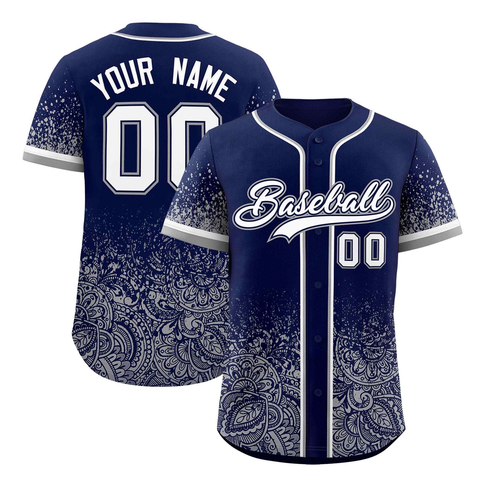 Custom Navy Gray Floral Print Pattern Full Button Gradient Fashion Baseball Jersey