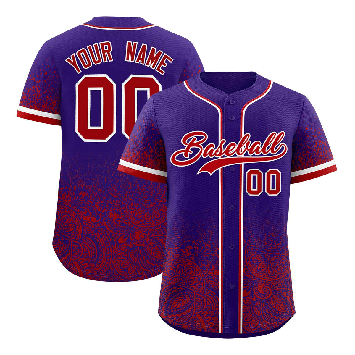 Custom Purple Red Floral Print Pattern Full Button Gradient Fashion Baseball Jersey