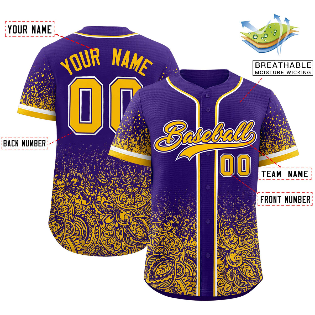 Custom Purple Yellow Floral Print Pattern Full Button Gradient Fashion Baseball Jersey