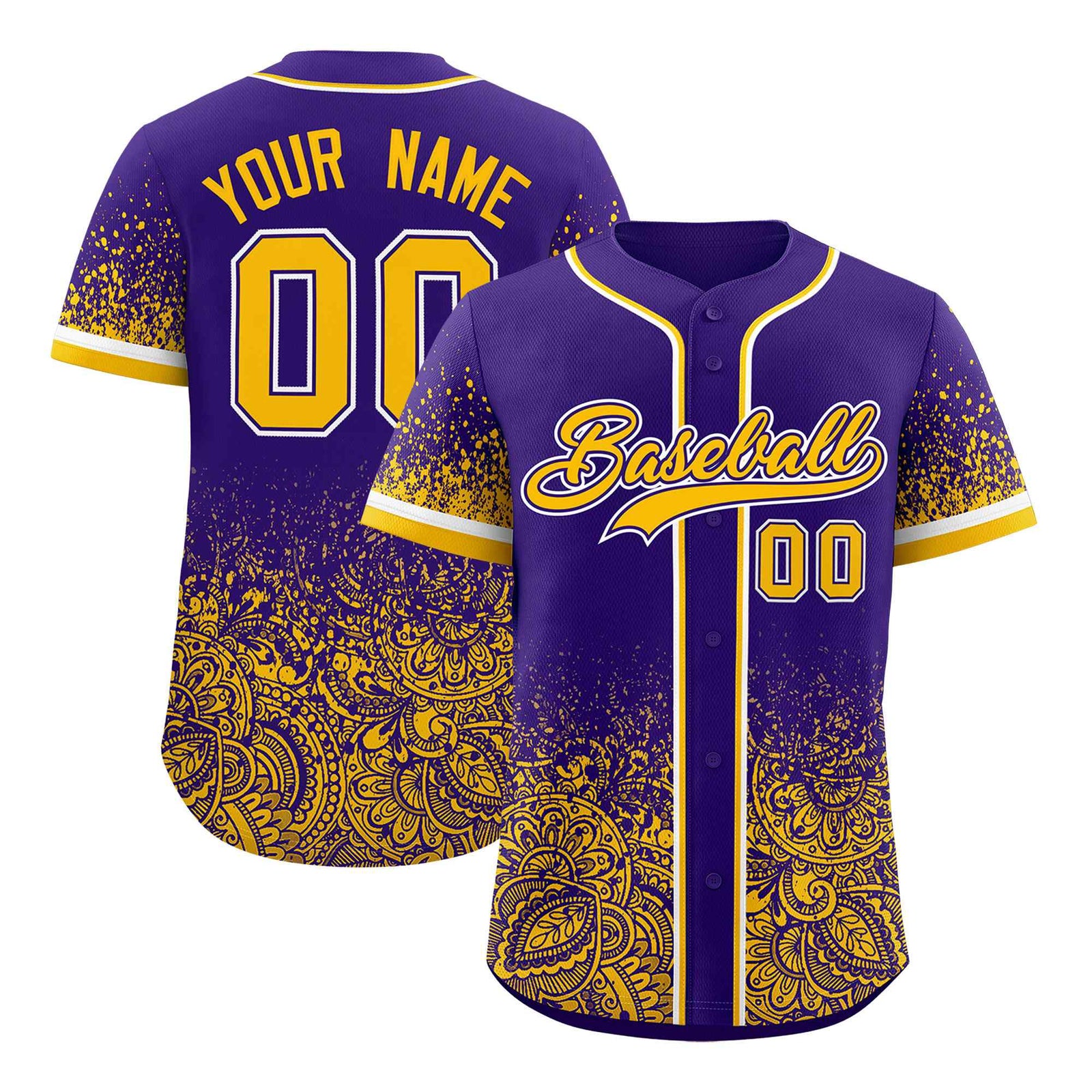 Custom Purple Yellow Floral Print Pattern Full Button Gradient Fashion Baseball Jersey