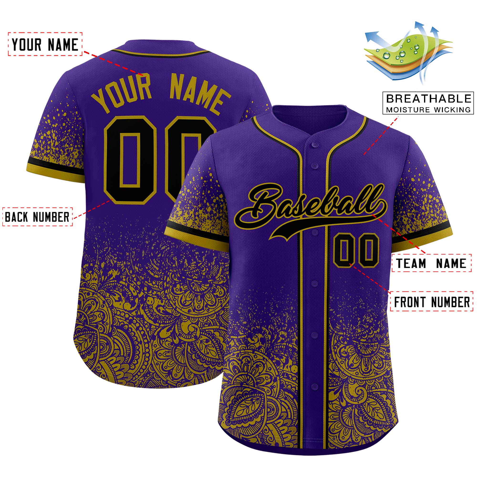 Custom Purple Old Gold Floral Print Pattern Full Button Gradient Fashion Baseball Jersey