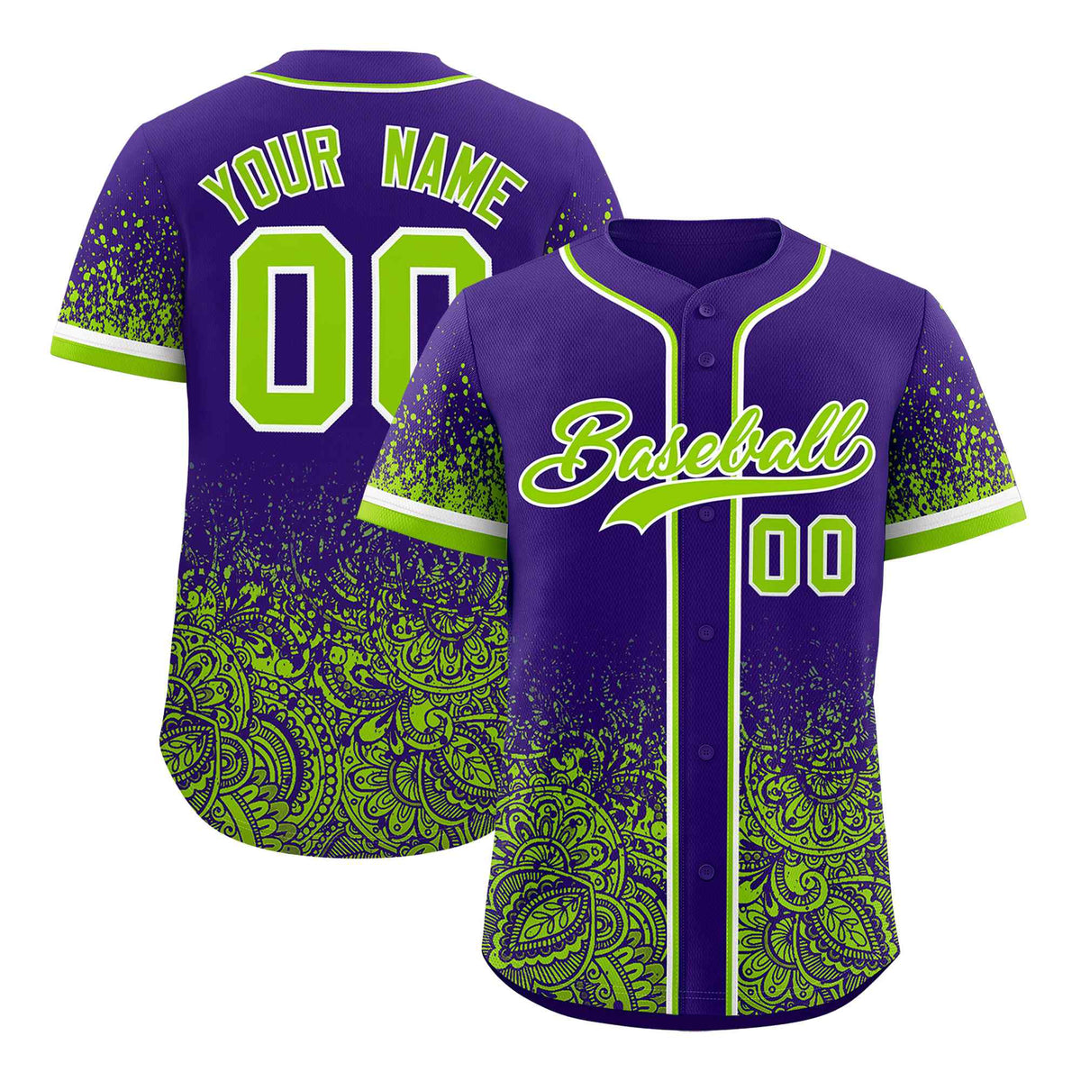 Custom Purple Neon Green Floral Print Pattern Full Button Gradient Fashion Baseball Jersey