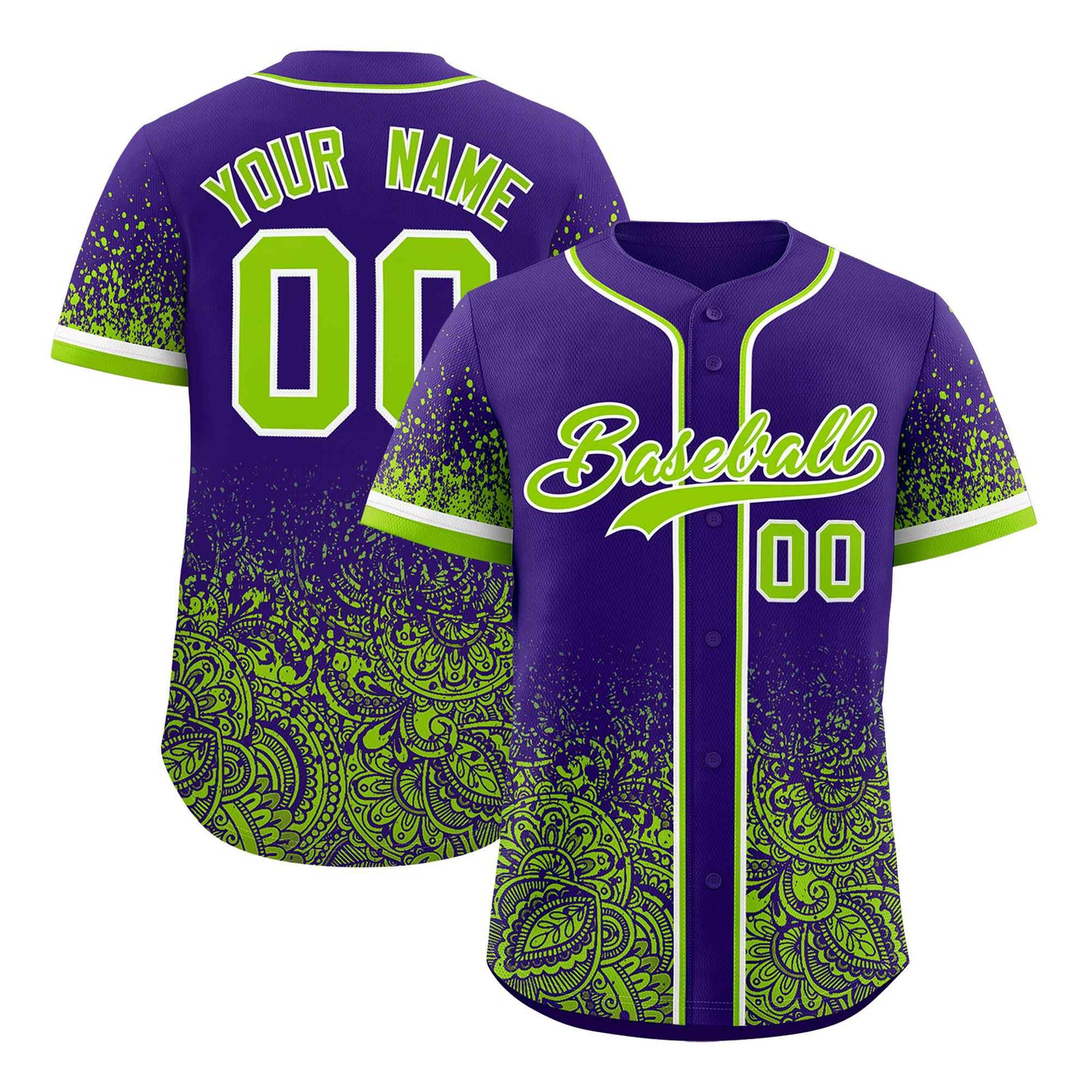 Custom Purple Neon Green Floral Print Pattern Full Button Gradient Fashion Baseball Jersey