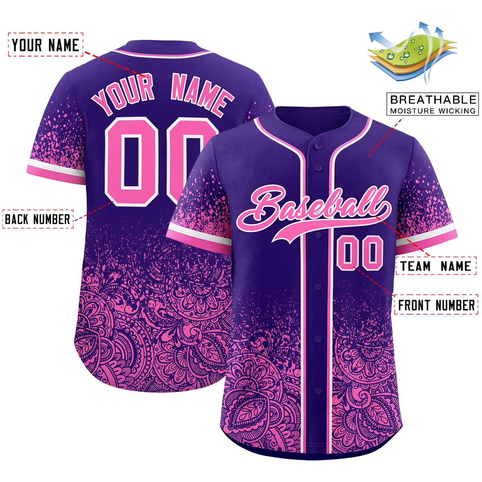 Custom Purple Pink Floral Print Pattern Full Button Gradient Fashion Baseball Jersey
