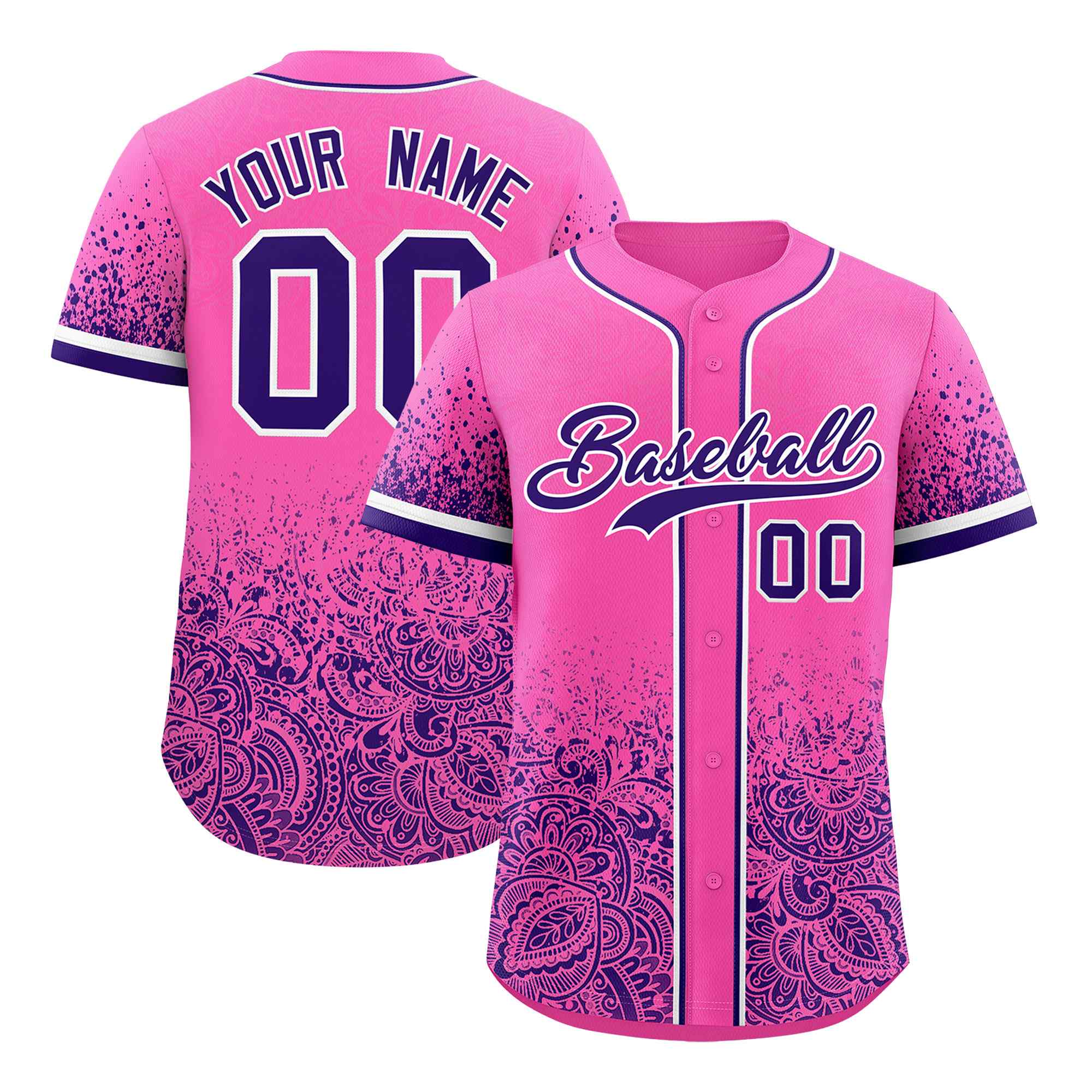 Custom Pink Purple Floral Print Pattern Full Button Gradient Fashion Baseball Jersey