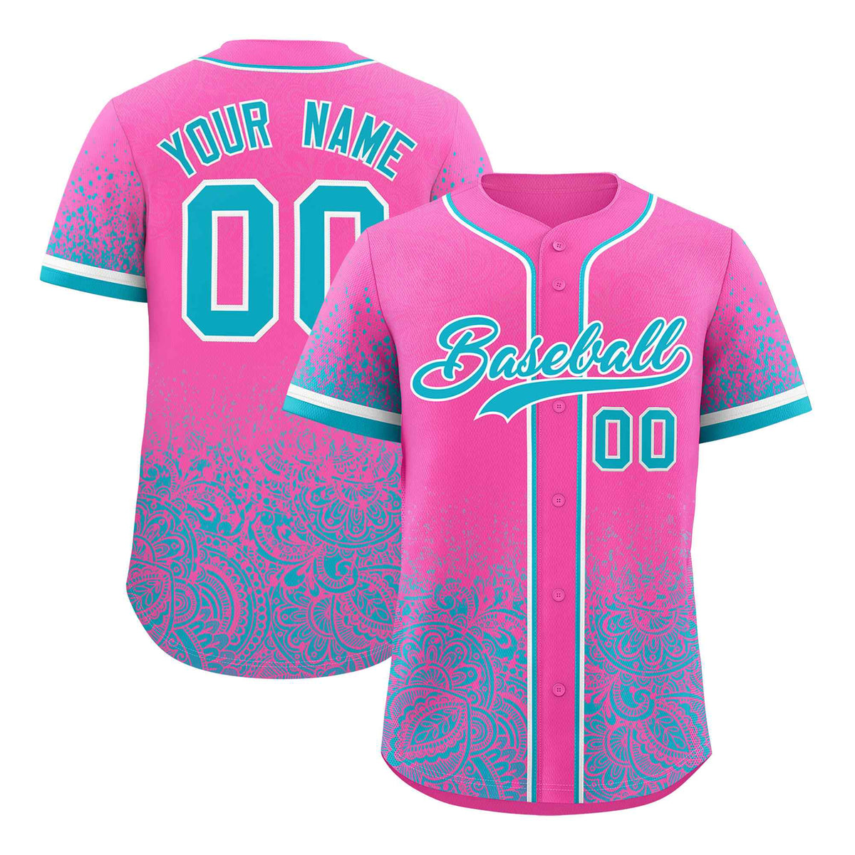 Custom Pink Sky Blue Floral Print Pattern Full Button Gradient Fashion Baseball Jersey