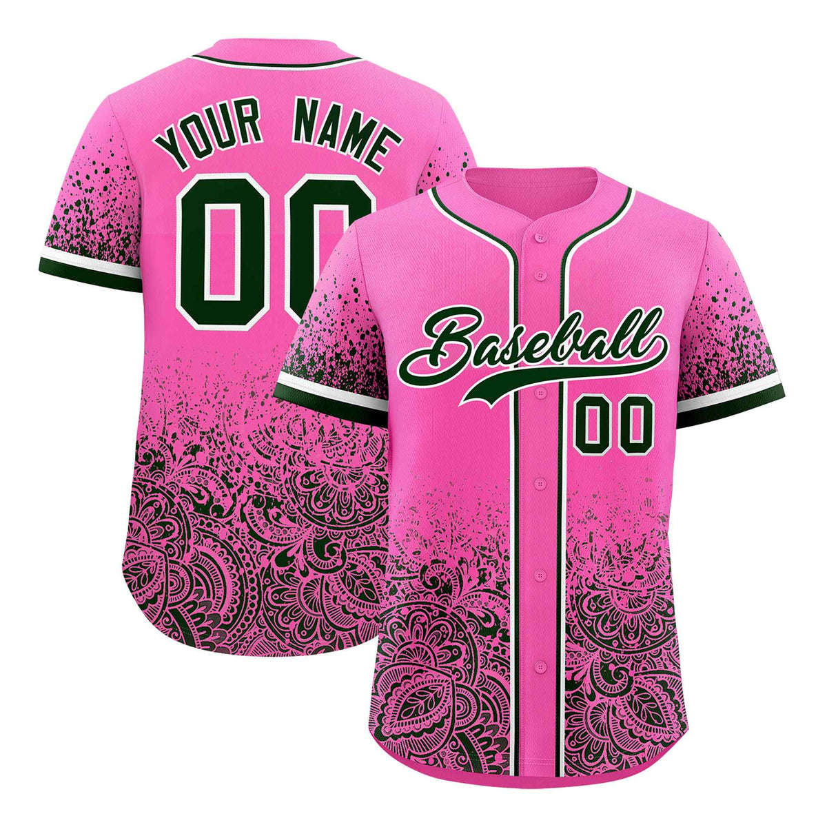Custom Pink Green Floral Print Pattern Full Button Gradient Fashion Baseball Jersey