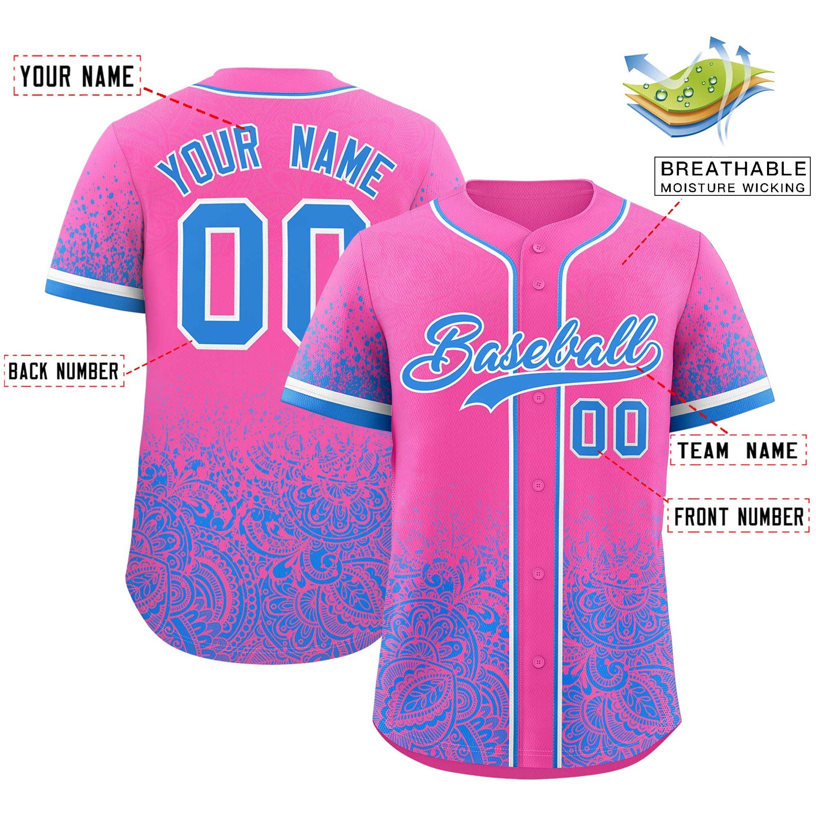 Custom Pink Light Blue Floral Print Pattern Full Button Gradient Fashion Baseball Jersey