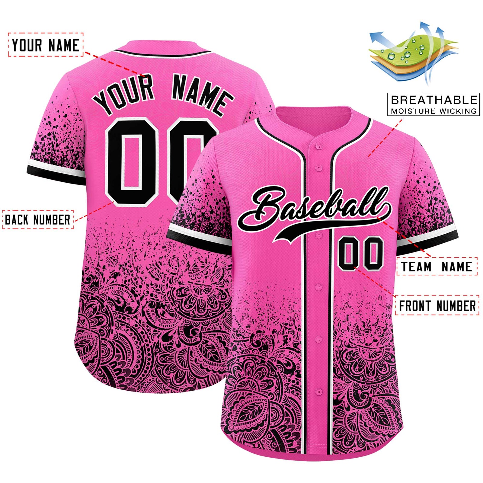 Custom Pink Black Floral Print Pattern Full Button Gradient Fashion Baseball Jersey