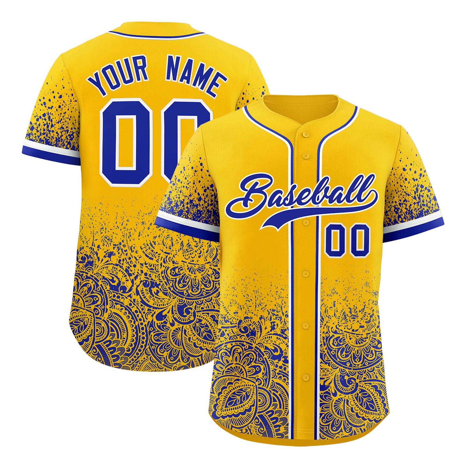 Custom Yellow Royal Floral Print Pattern Full Button Gradient Fashion Baseball Jersey