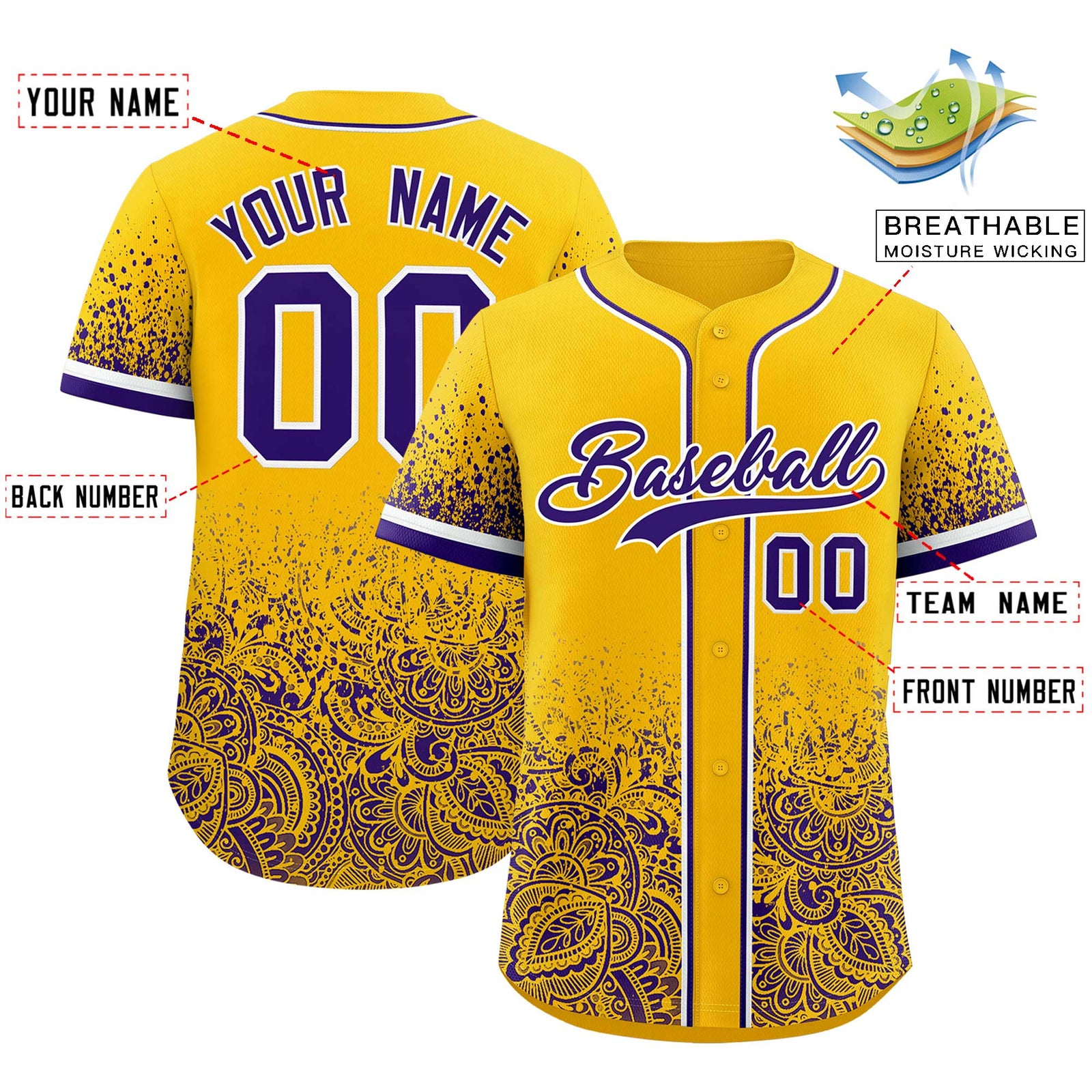 Custom Yellow Purple Floral Print Pattern Full Button Gradient Fashion Baseball Jersey