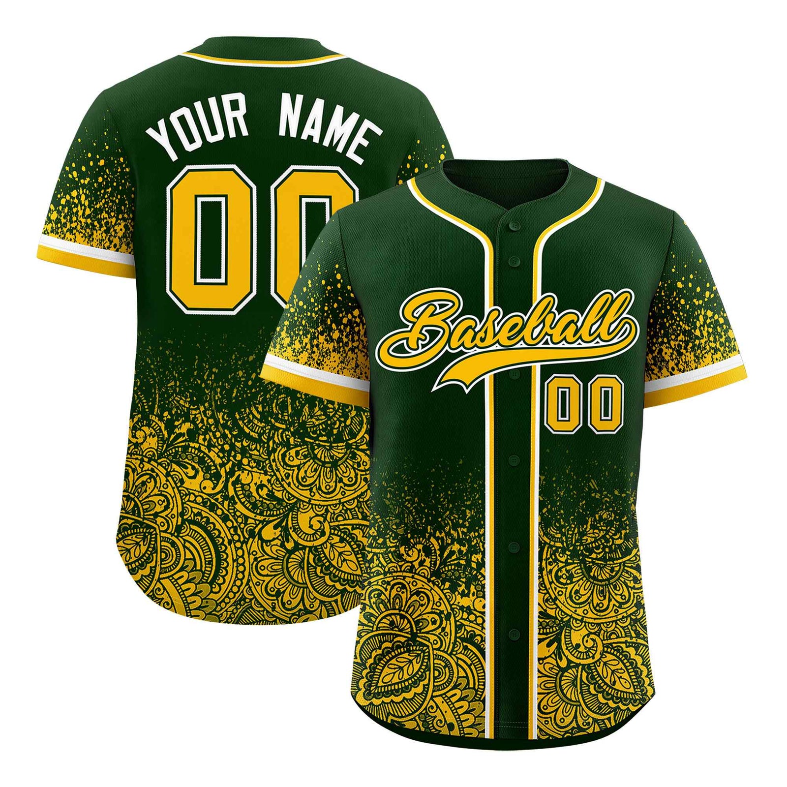 Custom Green Yellow Floral Print Pattern Full Button Gradient Fashion Baseball Jersey