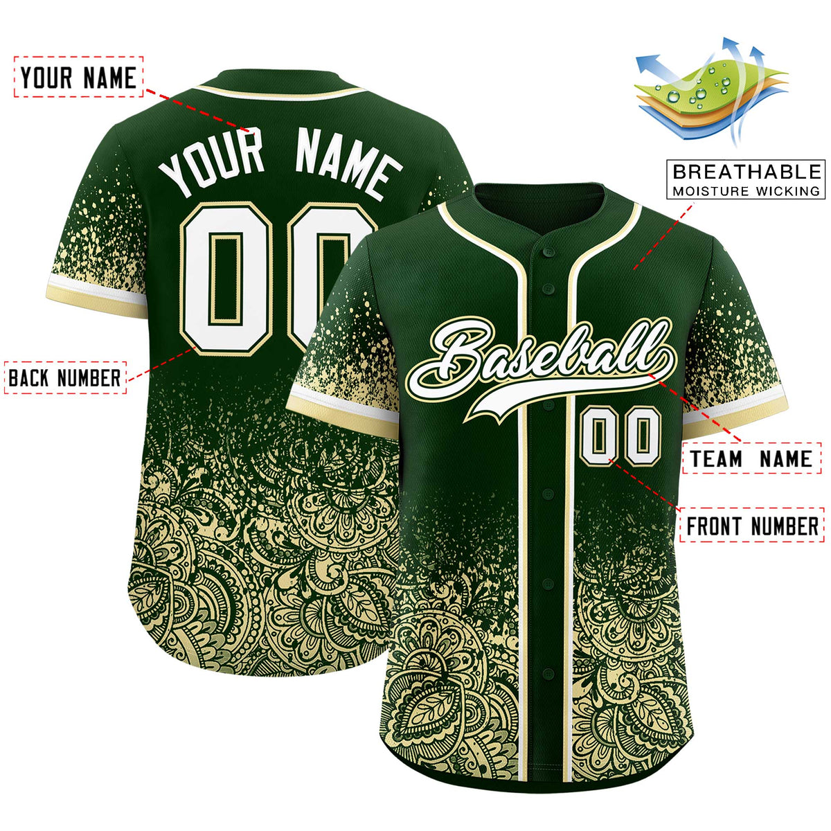 Custom Green Cream Floral Print Pattern Full Button Gradient Fashion Baseball Jersey