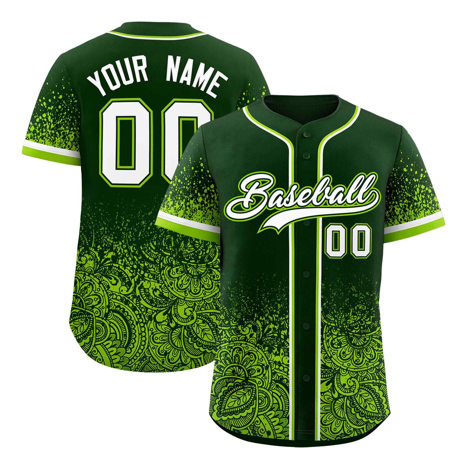 Custom Green Neon Green Floral Print Pattern Full Button Gradient Fashion Baseball Jersey