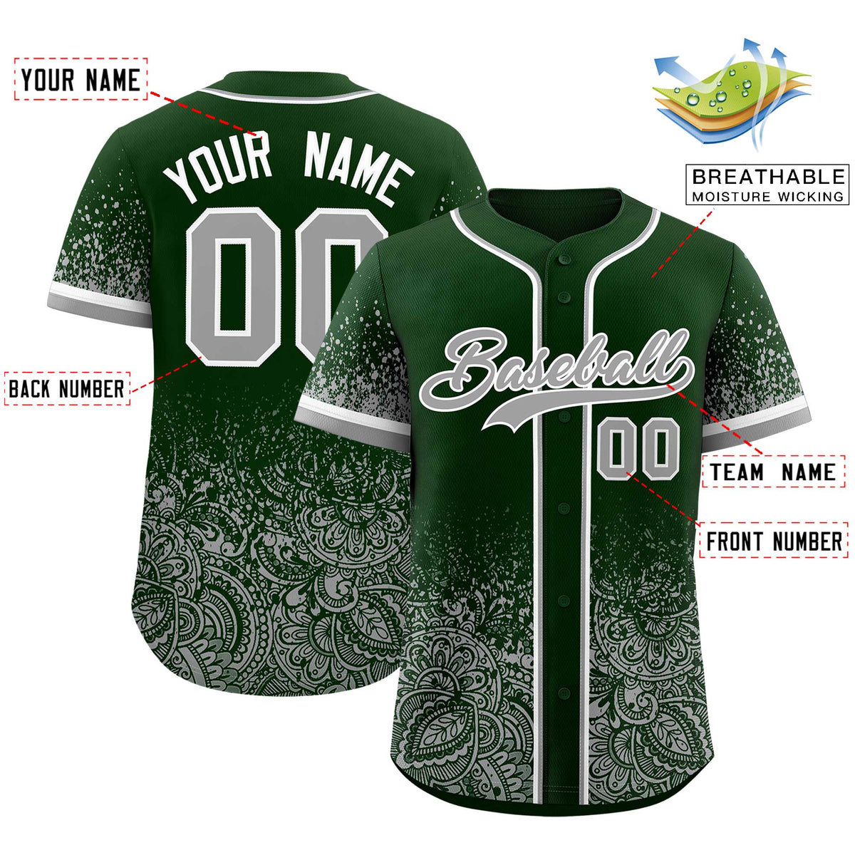 Custom Green Gray Floral Print Pattern Full Button Gradient Fashion Baseball Jersey
