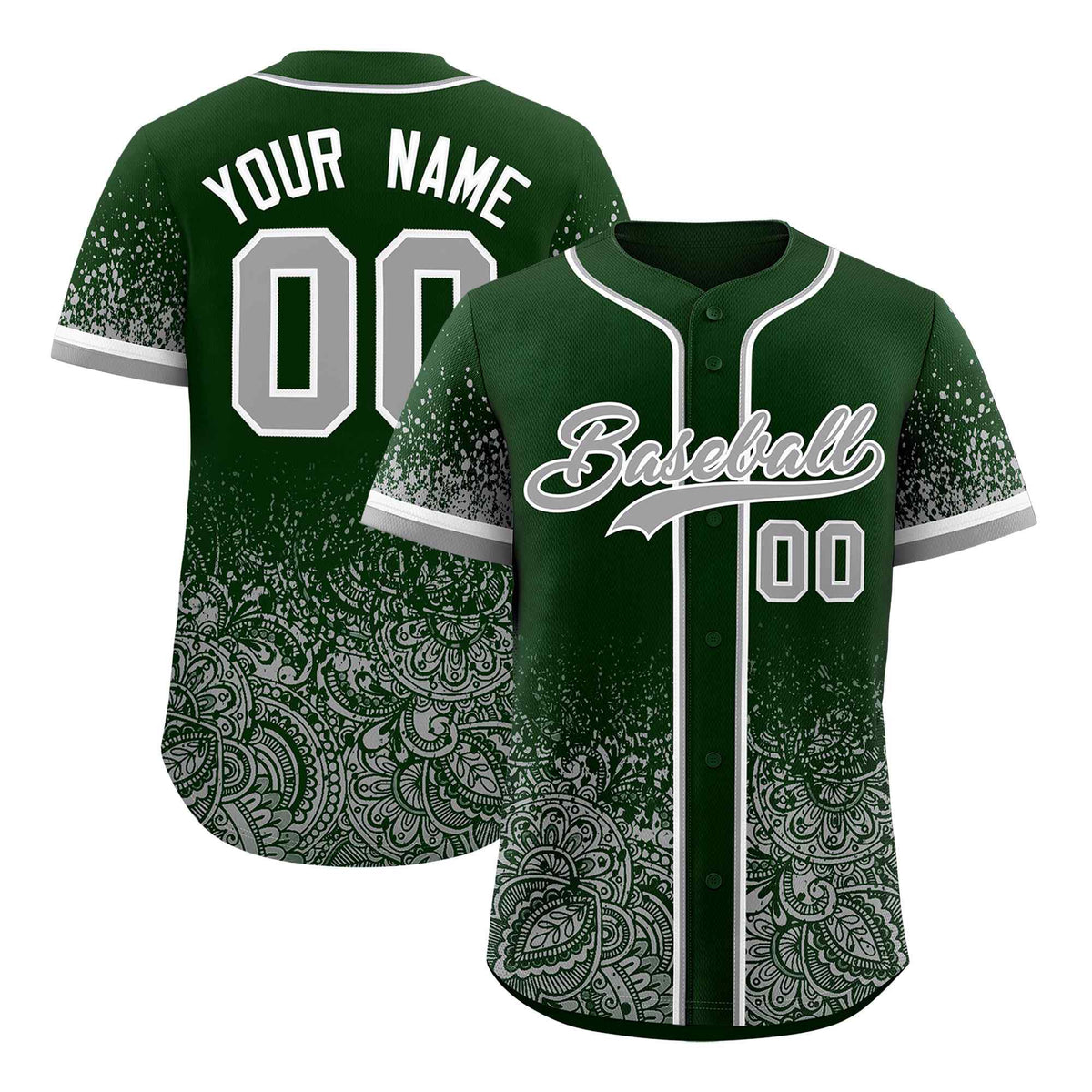 Custom Green Gray Floral Print Pattern Full Button Gradient Fashion Baseball Jersey