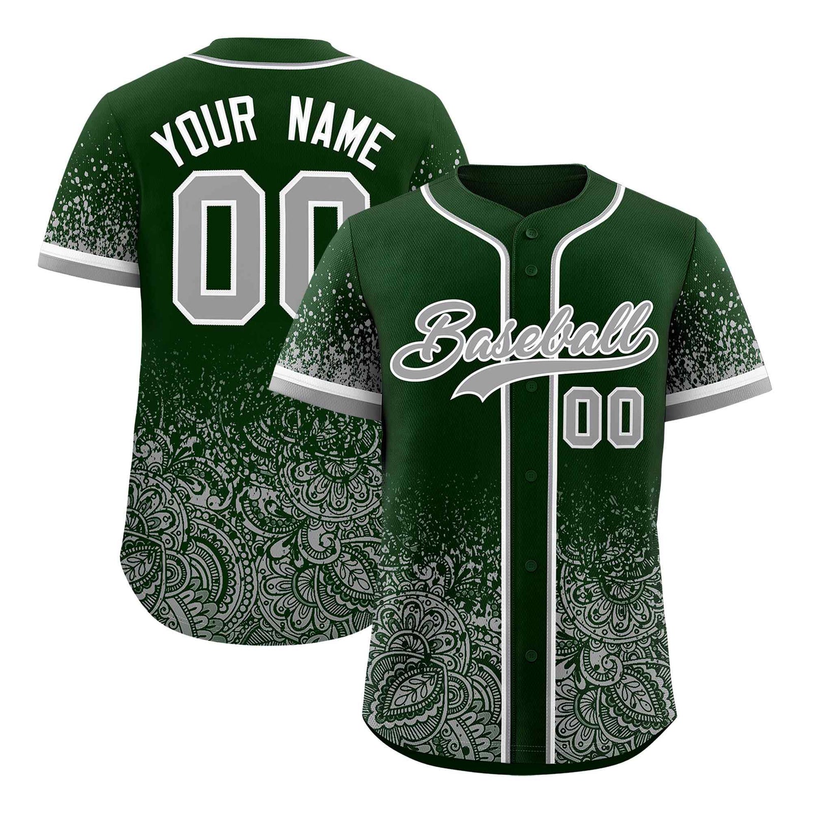 Custom Green Gray Floral Print Pattern Full Button Gradient Fashion Baseball Jersey