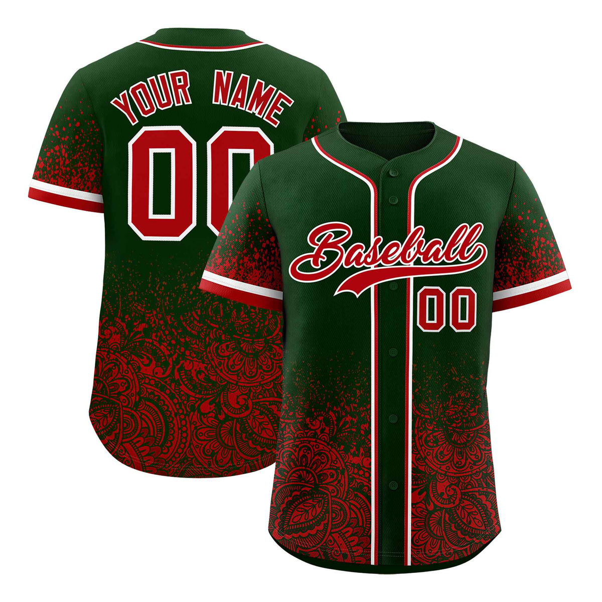 Custom Green Red Floral Print Pattern Full Button Gradient Fashion Baseball Jersey