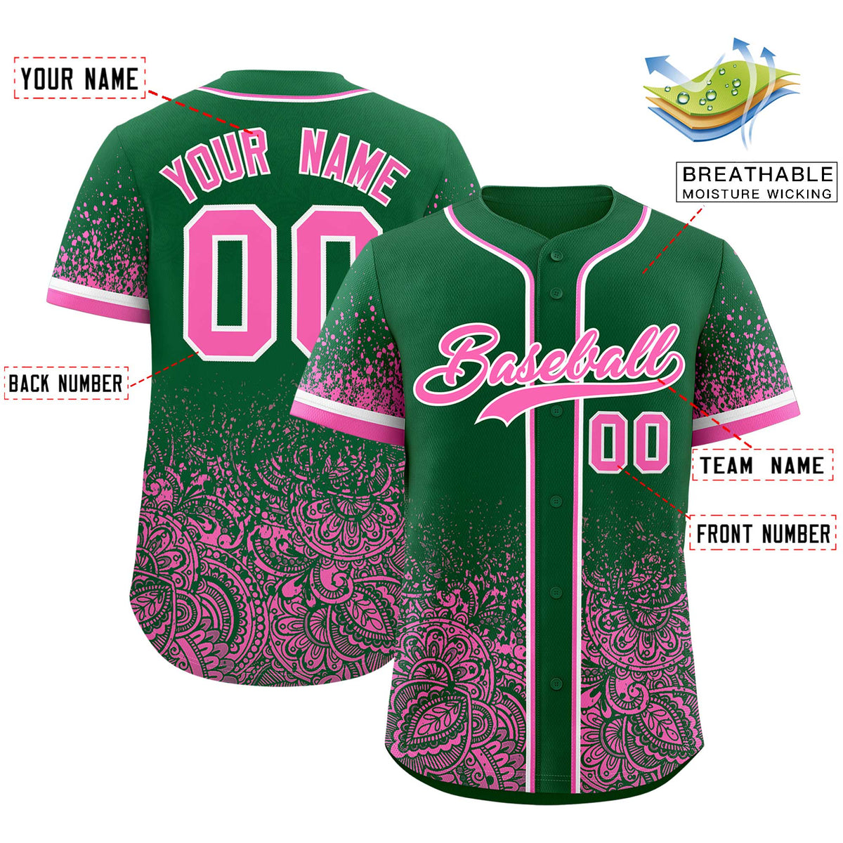 Custom Kelly Green Pink Floral Print Pattern Full Button Gradient Fashion Baseball Jersey
