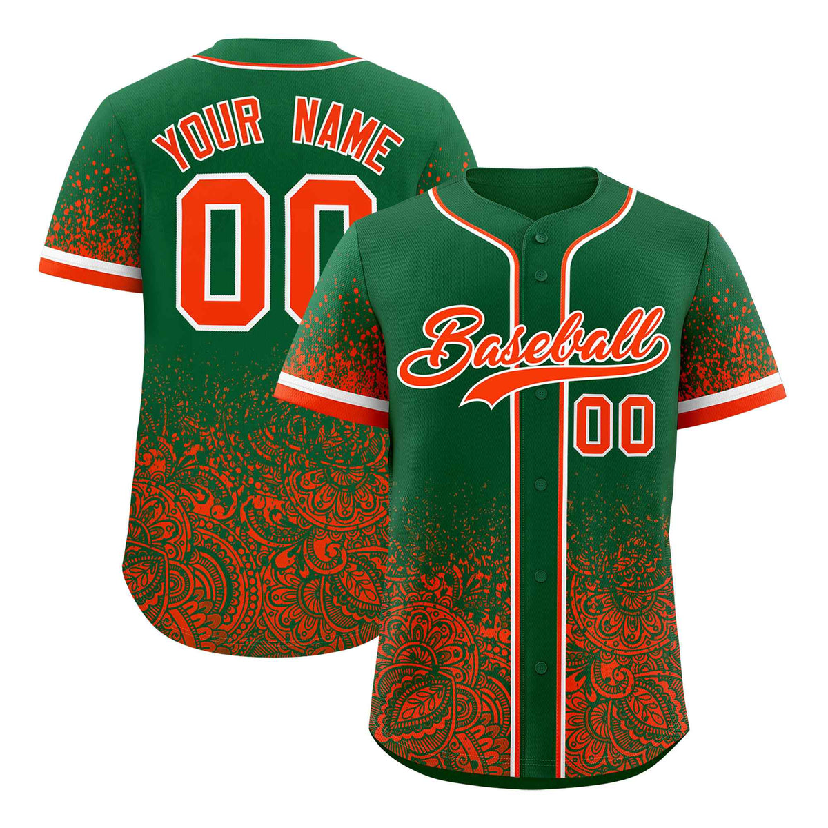 Custom Kelly Green Orange Floral Print Pattern Full Button Gradient Fashion Baseball Jersey