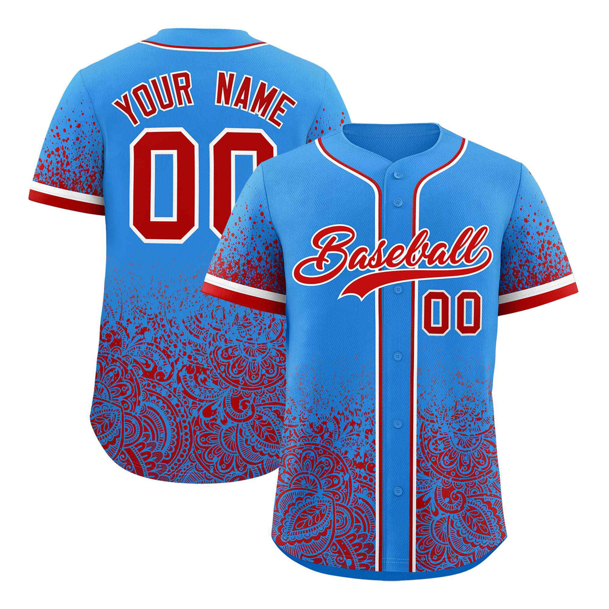 Custom Light Blue Red Floral Print Pattern Full Button Gradient Fashion Baseball Jersey