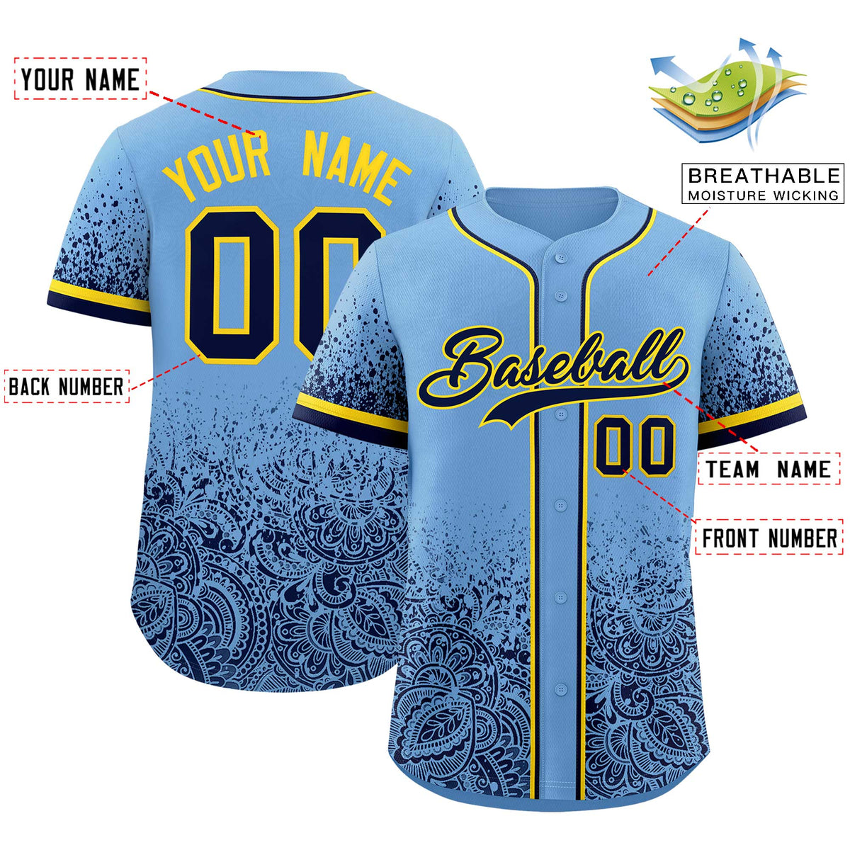 Custom Powder Blue Navy Floral Print Pattern Full Button Gradient Fashion Baseball Jersey