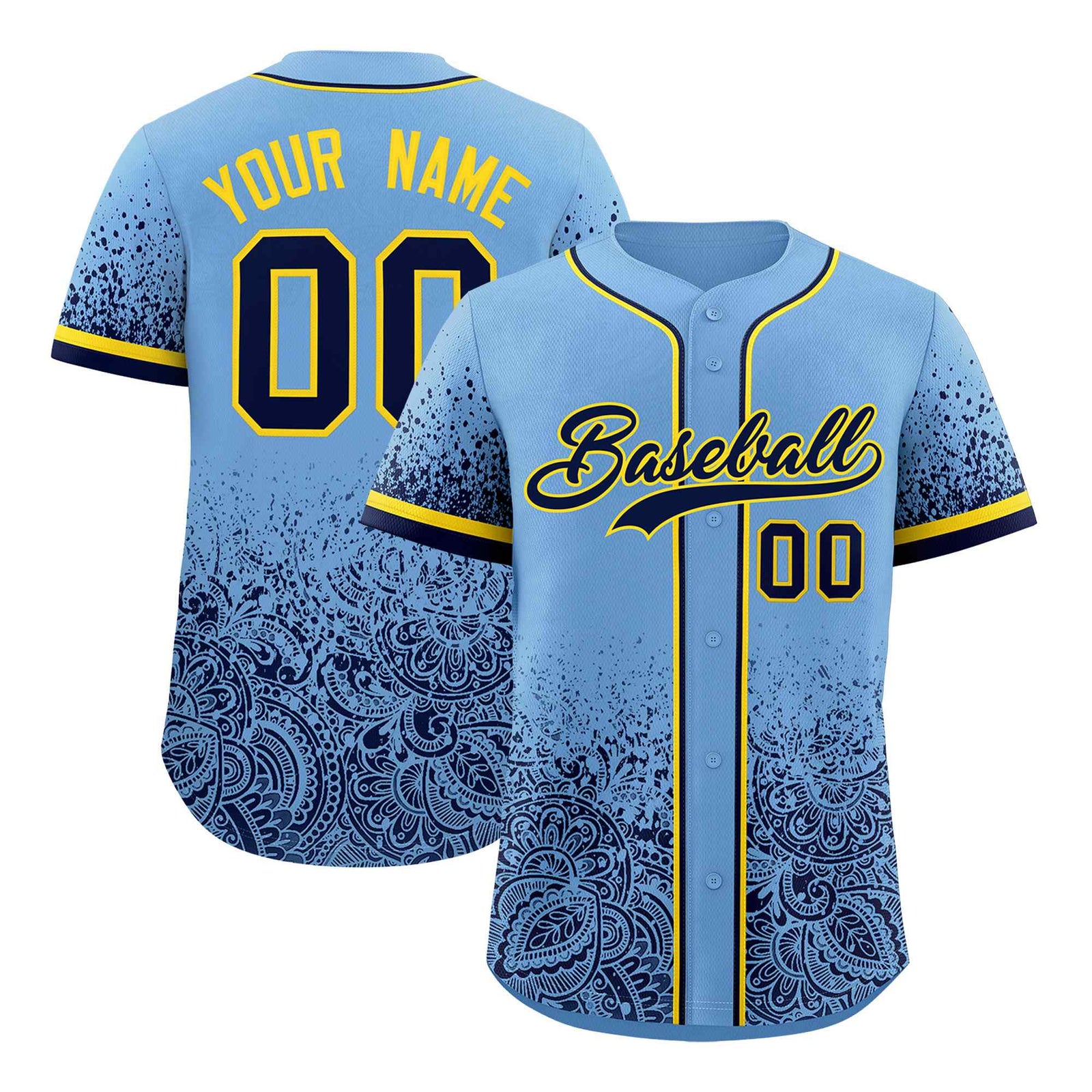 Custom Powder Blue Navy Floral Print Pattern Full Button Gradient Fashion Baseball Jersey