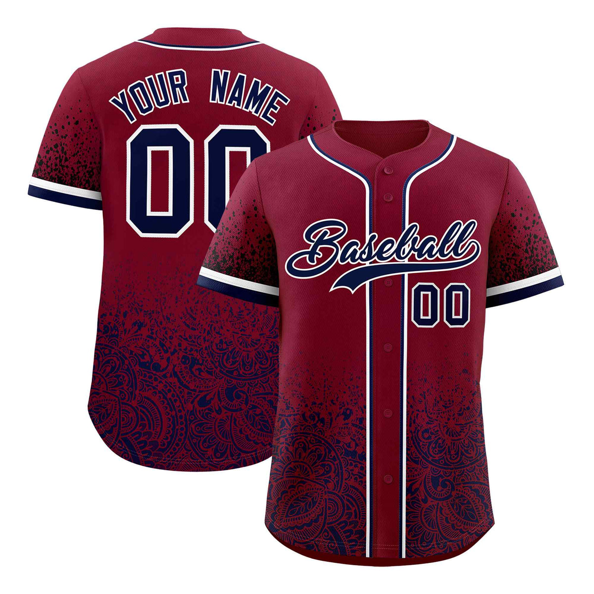 Custom Crimson Navy Floral Print Pattern Full Button Gradient Fashion Baseball Jersey
