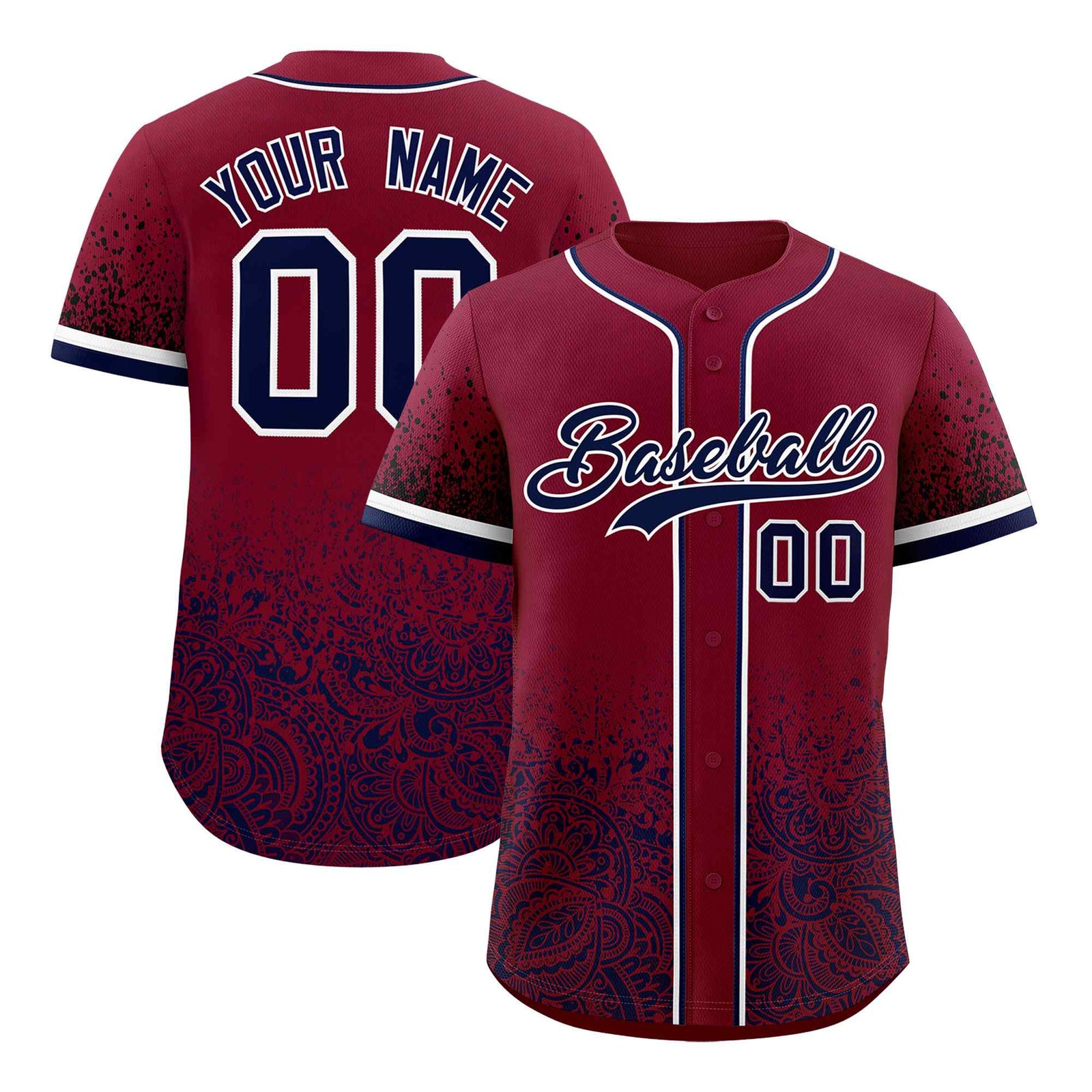 Custom Crimson Navy Floral Print Pattern Full Button Gradient Fashion Baseball Jersey
