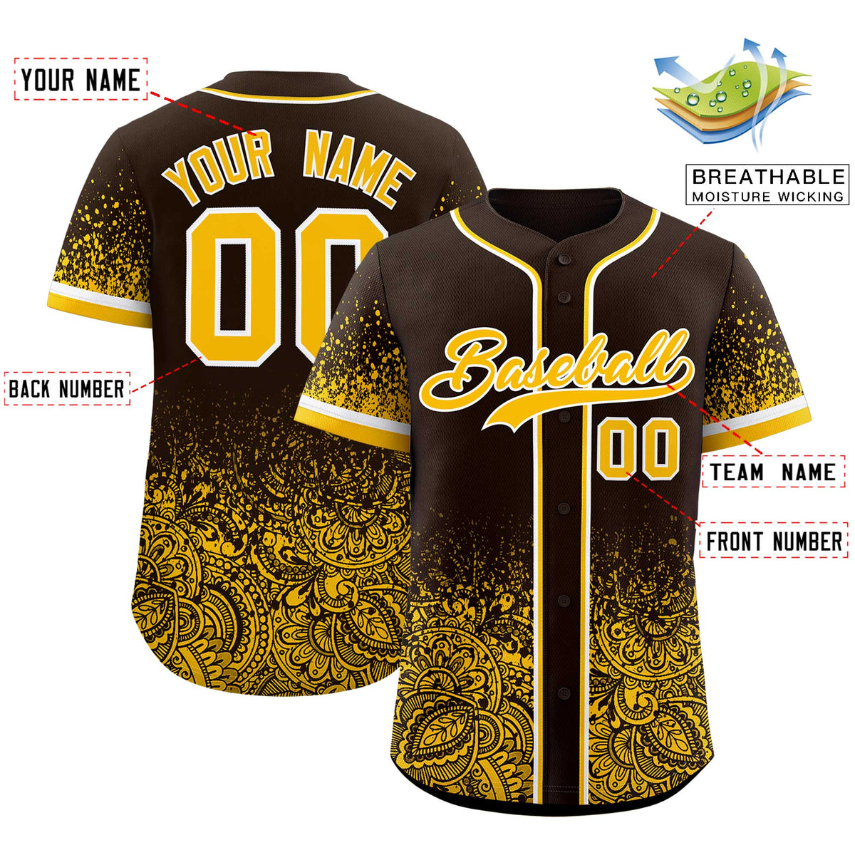 Custom Brown Yellow Floral Print Pattern Full Button Gradient Fashion Baseball Jersey