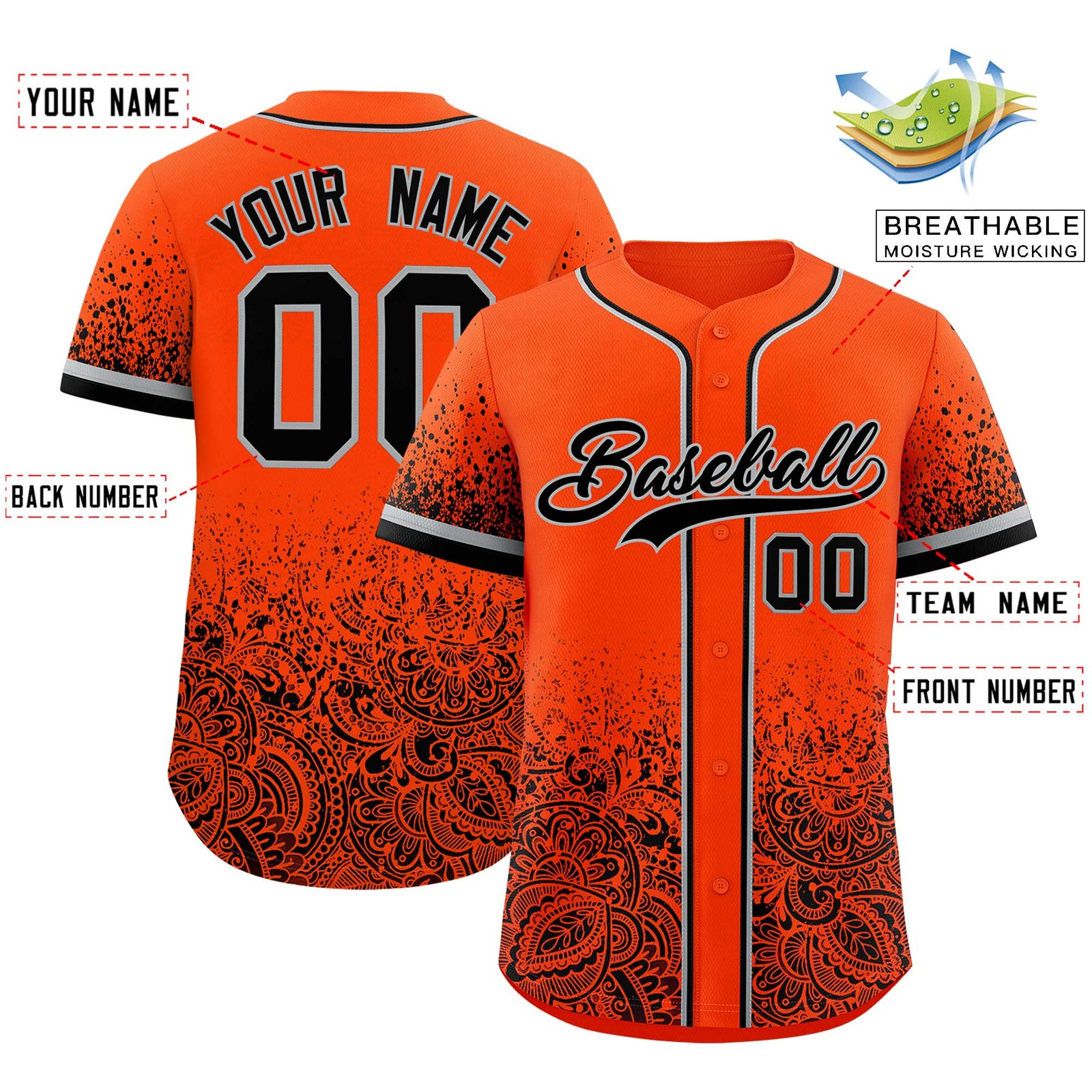 Custom Orange Black Floral Print Pattern Full Button Gradient Fashion Baseball Jersey