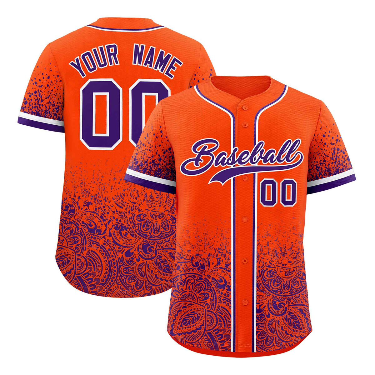 Custom Orange Purple Floral Print Pattern Full Button Gradient Fashion Baseball Jersey
