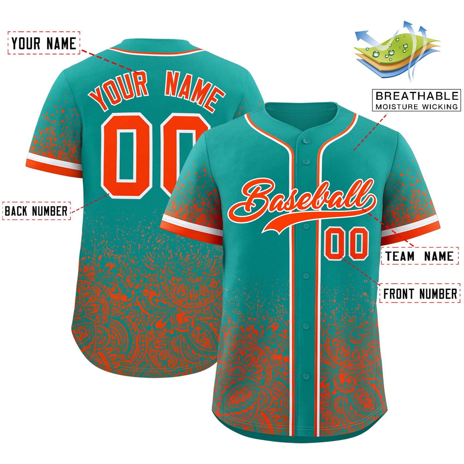 Custom Aqua Orange Floral Print Pattern Full Button Gradient Fashion Baseball Jersey