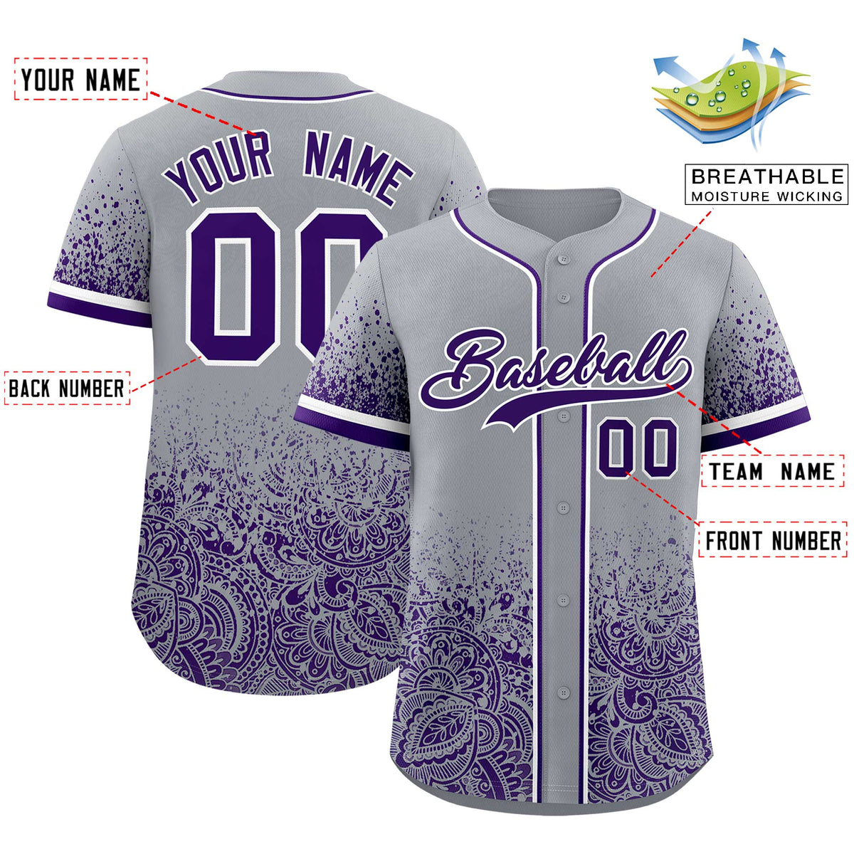 Custom Gray Purple Floral Print Pattern Full Button Gradient Fashion Baseball Jersey