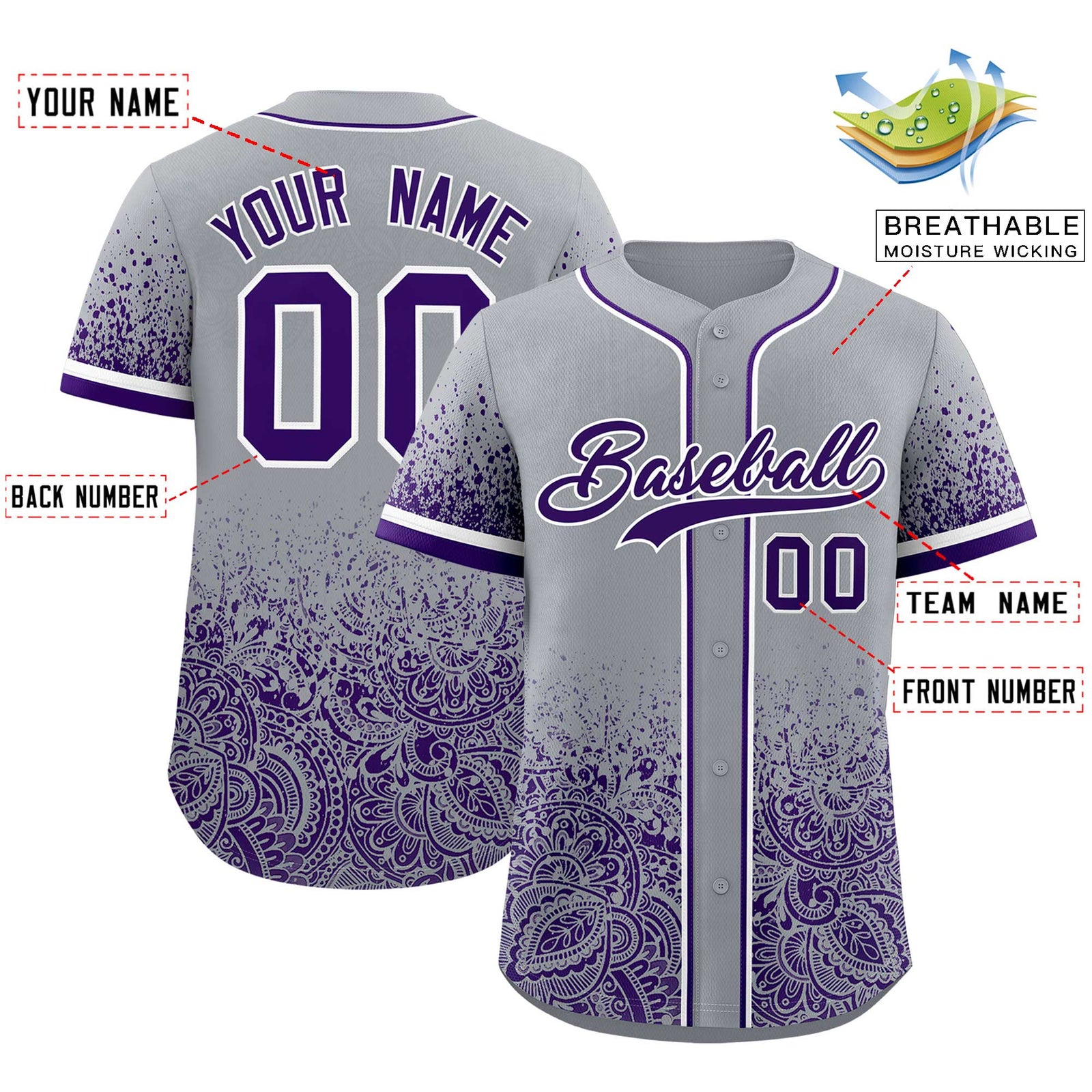 Custom Gray Purple Floral Print Pattern Full Button Gradient Fashion Baseball Jersey