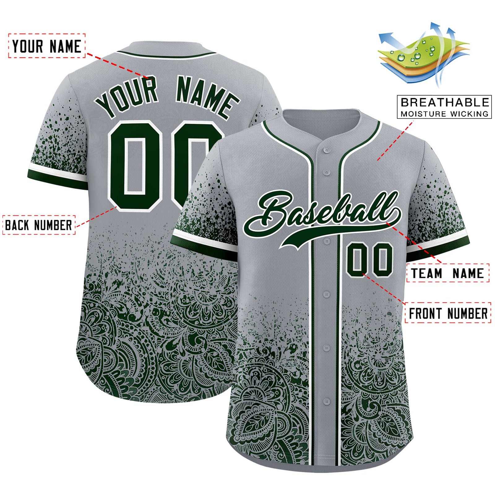 Custom Gray Green Floral Print Pattern Full Button Gradient Fashion Baseball Jersey