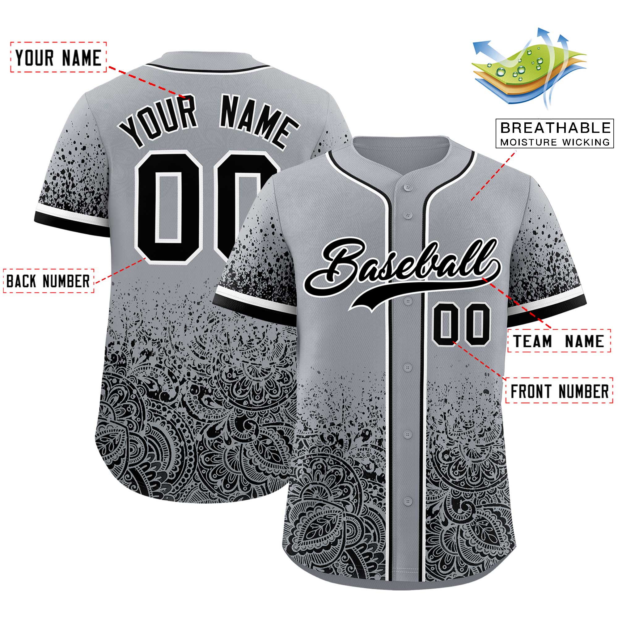 Custom Gray Black Floral Print Pattern Full Button Gradient Fashion Baseball Jersey