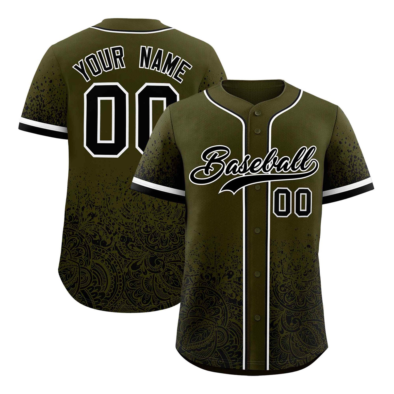 Custom Olive Black Floral Print Pattern Full Button Gradient Fashion Baseball Jersey