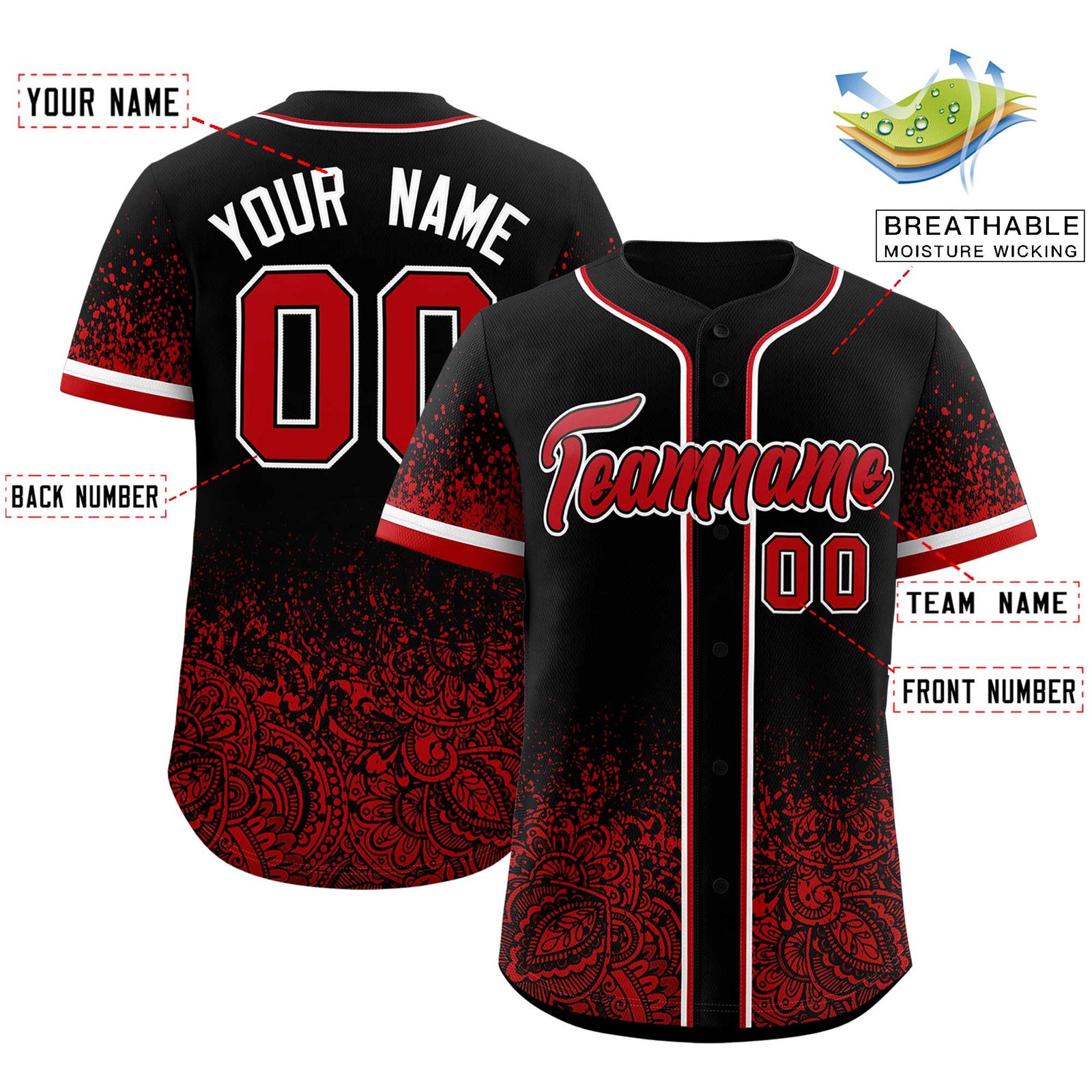 Custom Black Red Floral Print Pattern Full Button Gradient Fashion Baseball Jersey