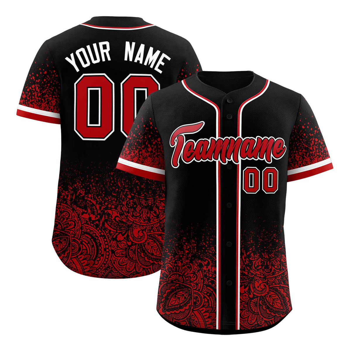 Custom Black Red Floral Print Pattern Full Button Gradient Fashion Baseball Jersey