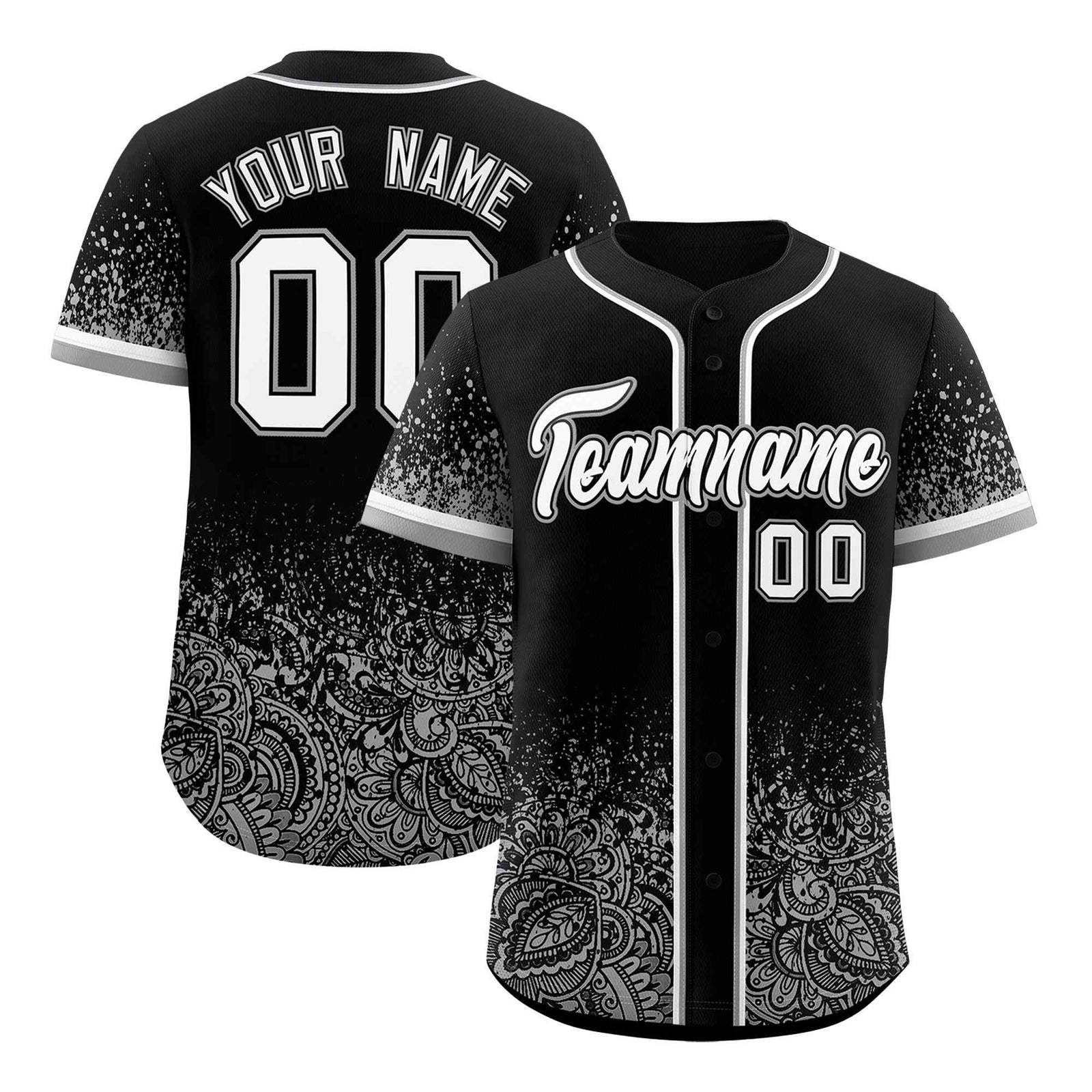 Custom Black Gray Floral Print Pattern Full Button Gradient Fashion Baseball Jersey