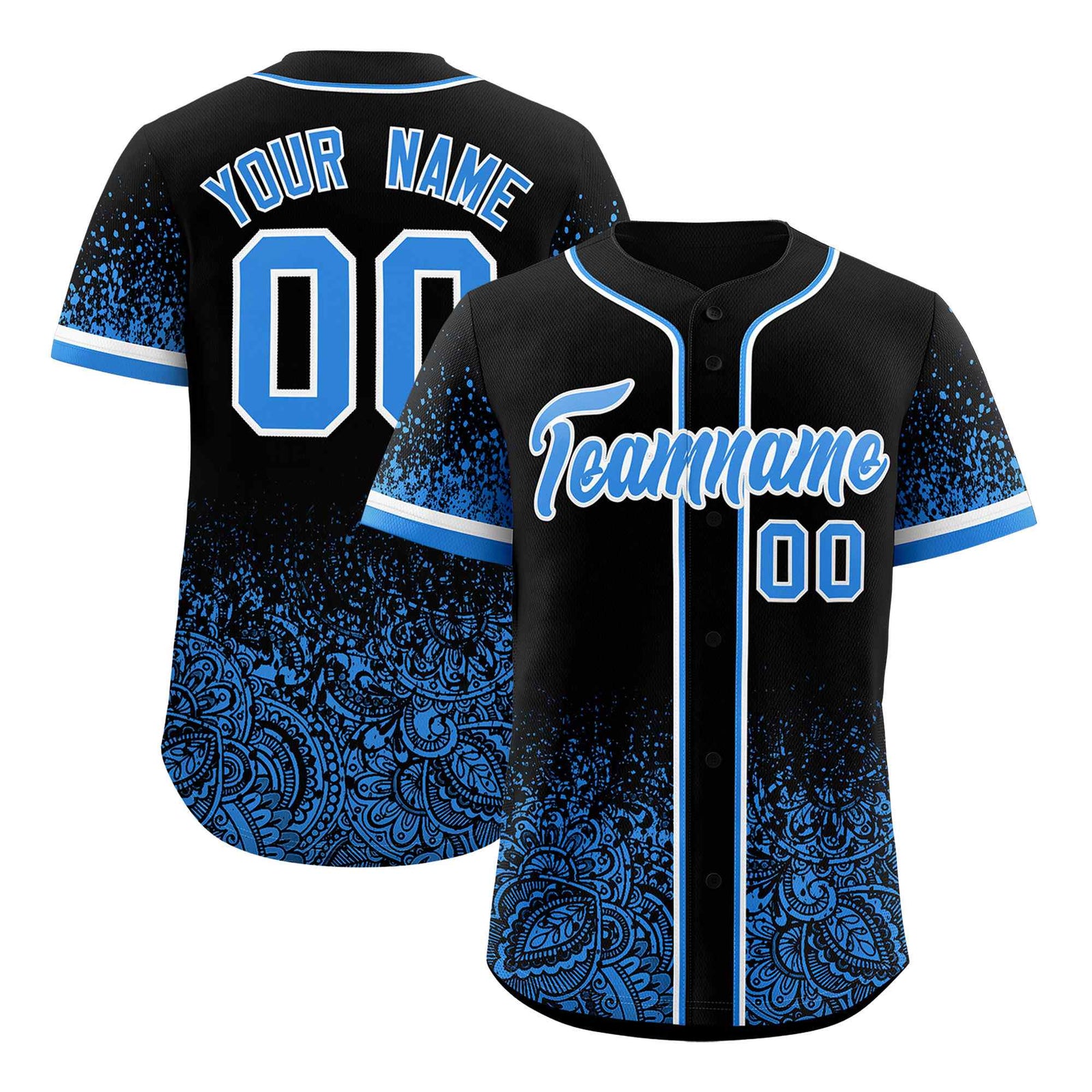 Custom Black Light Blue Floral Print Pattern Full Button Gradient Fashion Baseball Jersey