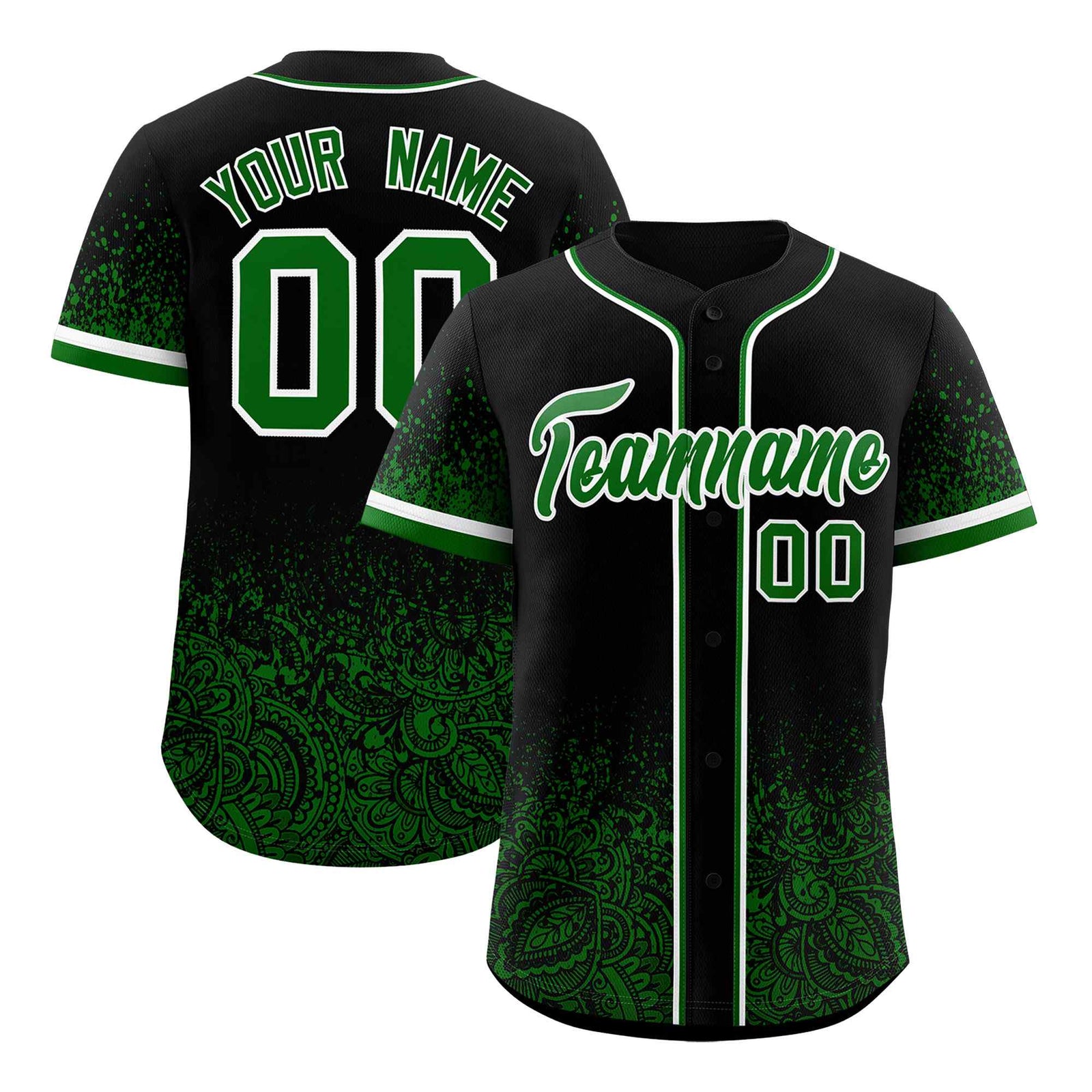 Custom Black Kelly Green Floral Print Pattern Full Button Gradient Fashion Baseball Jersey