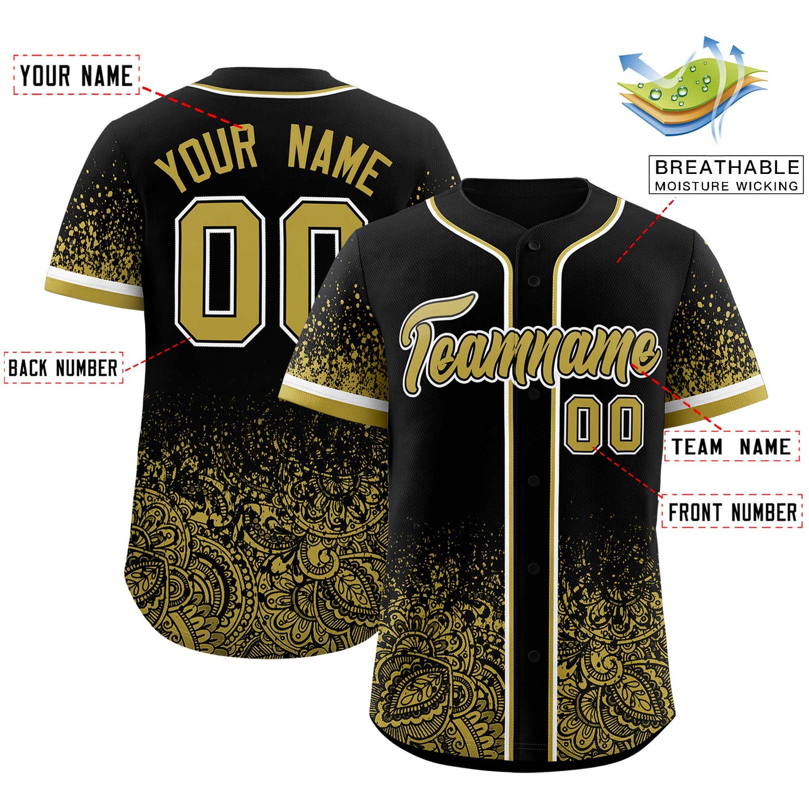 Custom Black Old Gold Floral Print Pattern Full Button Gradient Fashion Baseball Jersey