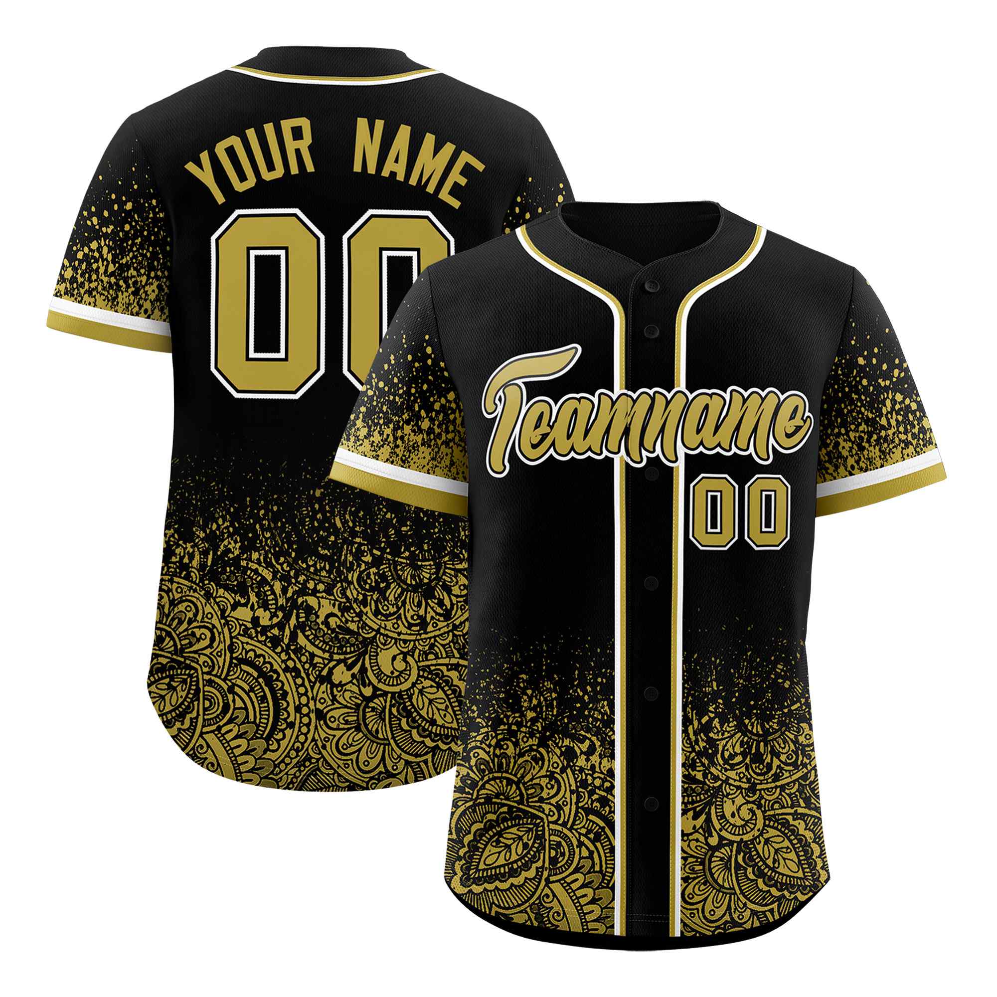 Custom Black Old Gold Floral Print Pattern Full Button Gradient Fashion Baseball Jersey