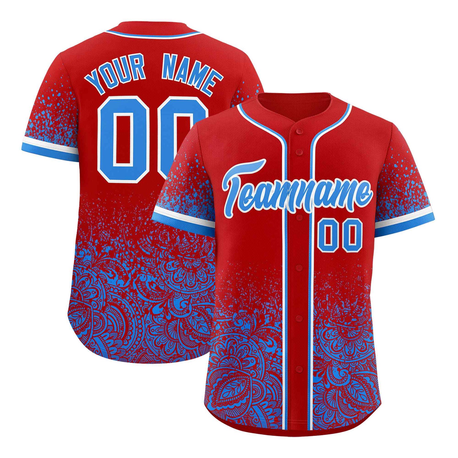 Custom Red Light Blue Floral Print Pattern Full Button Gradient Fashion Baseball Jersey