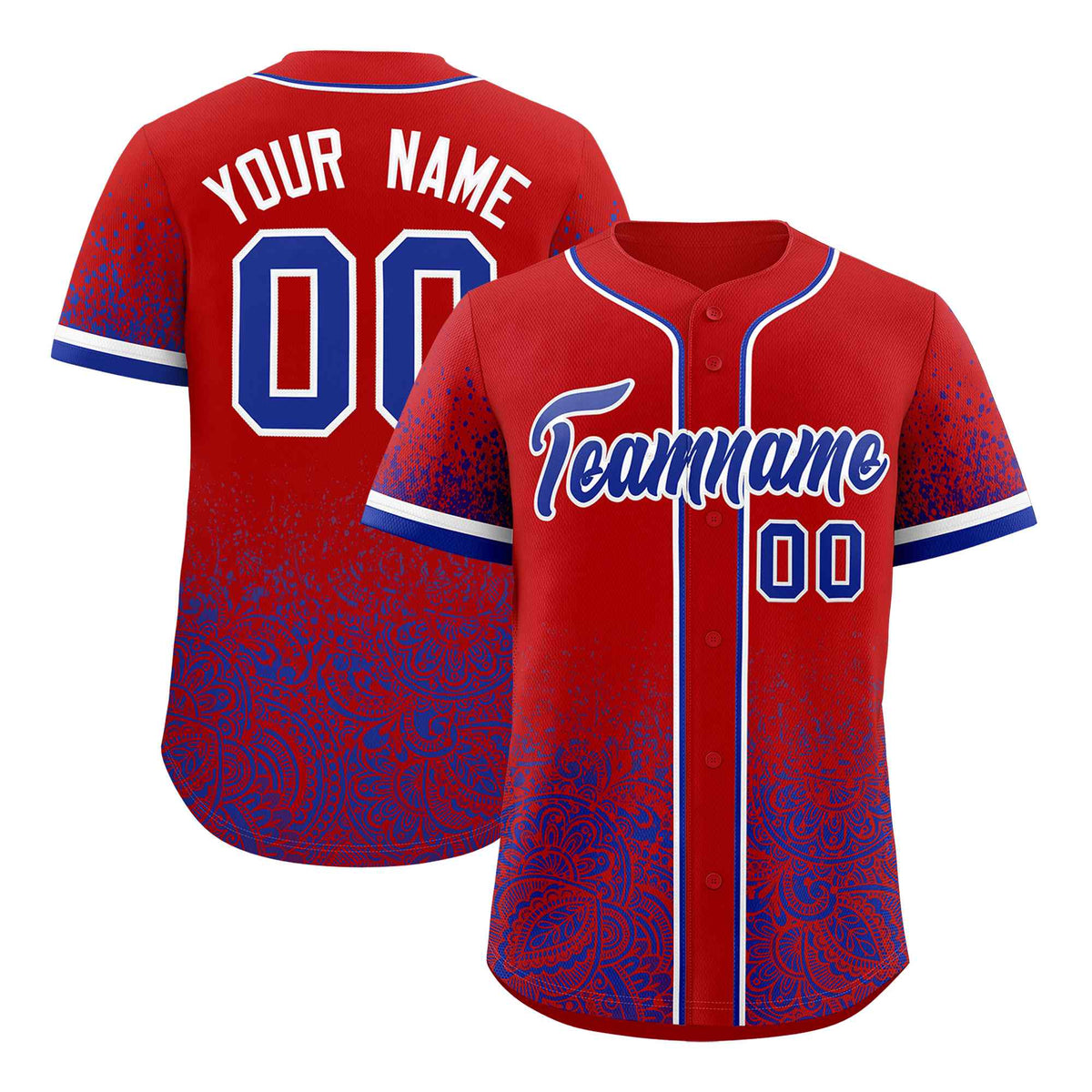 Custom Red Royal Floral Print Pattern Full Button Gradient Fashion Baseball Jersey