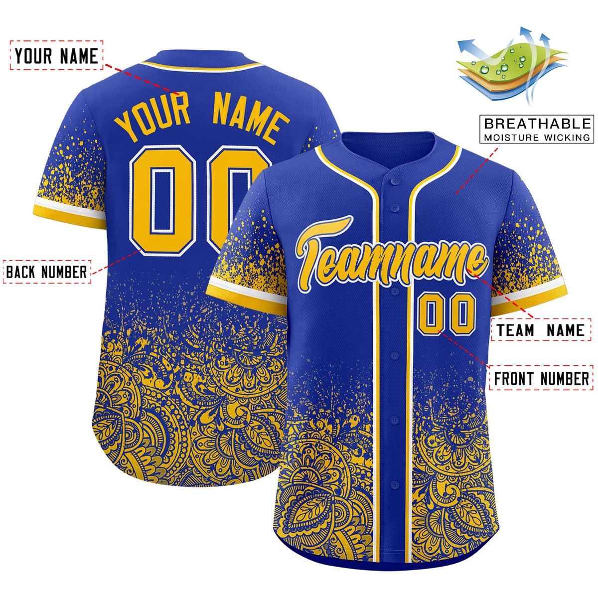 Custom Royal Yellow Floral Print Pattern Full Button Gradient Fashion Baseball Jersey