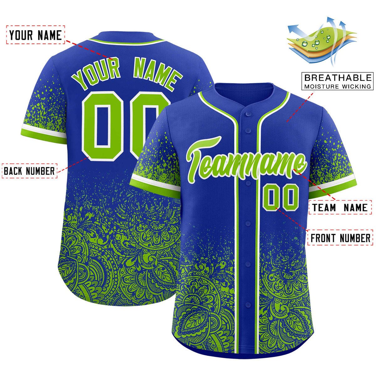 Custom Royal Neon Green Floral Print Pattern Full Button Gradient Fashion Baseball Jersey